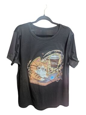 Cat Coffee Graphic T Shirt Sz XXL  Orange Short Sleeve Casual NEW